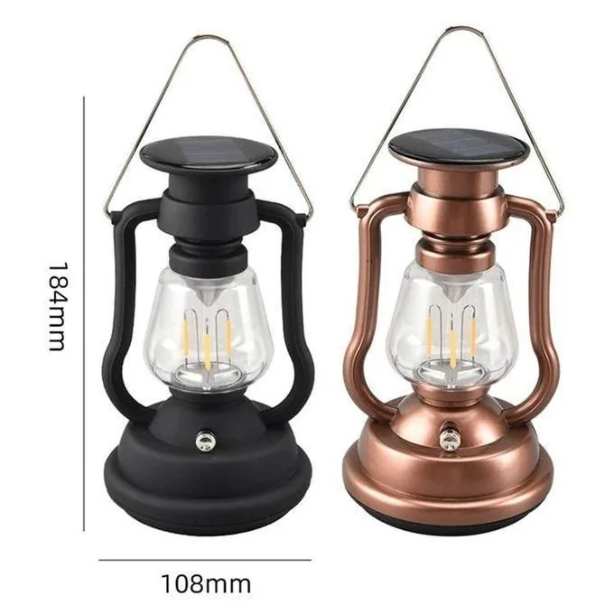 Small vintage solar lantern with dimensions, black and copper