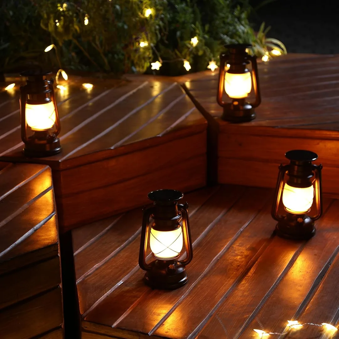 Lanterns on a deck at dusk