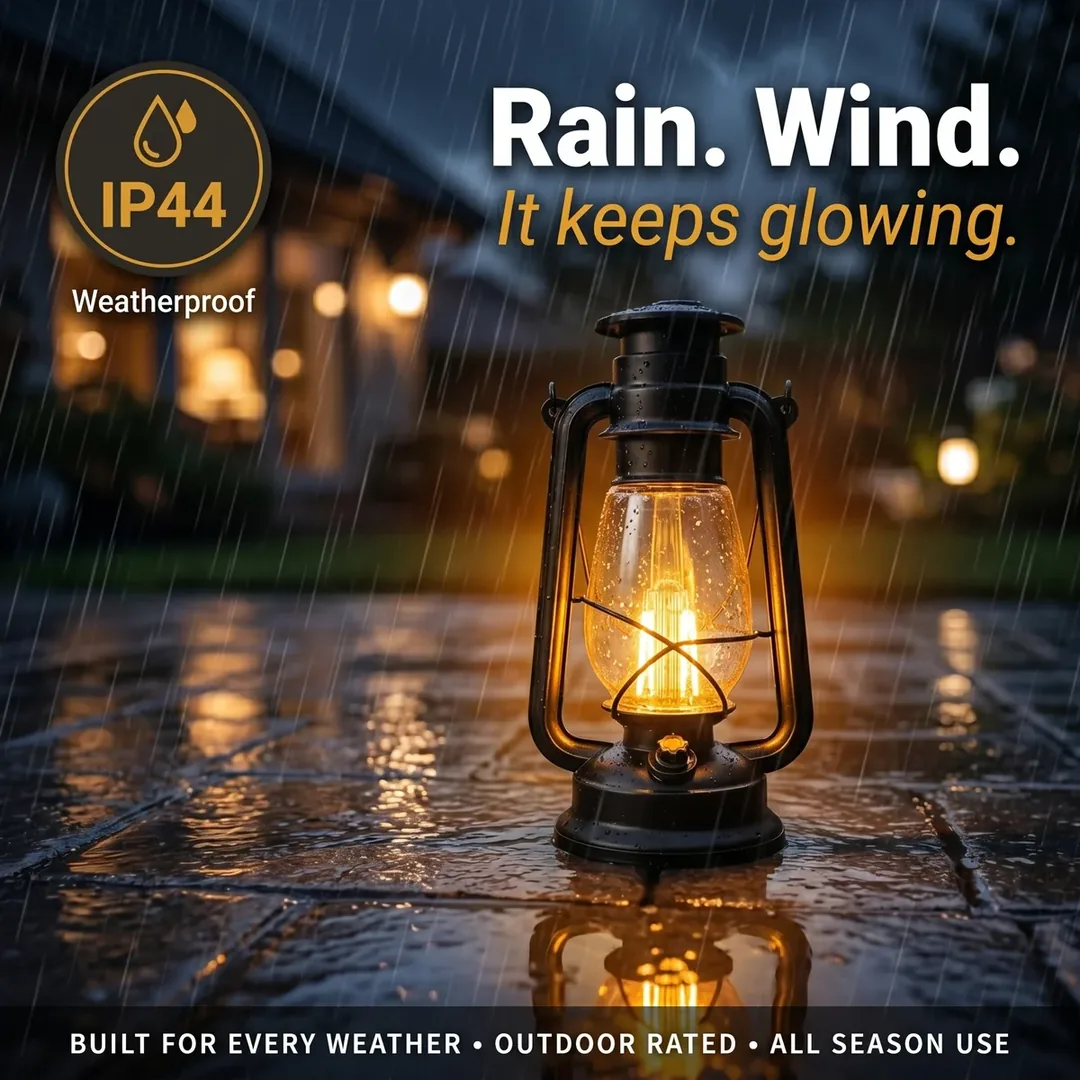 Lantern glowing in the rain — weatherproof