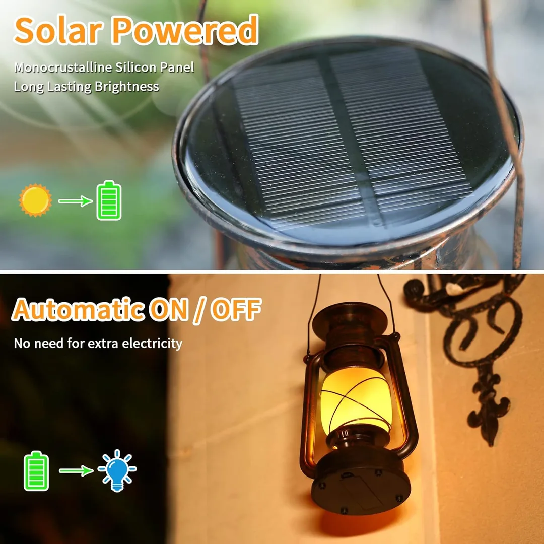 Solar panel on top of the lantern — charges in sunlight, auto on/off